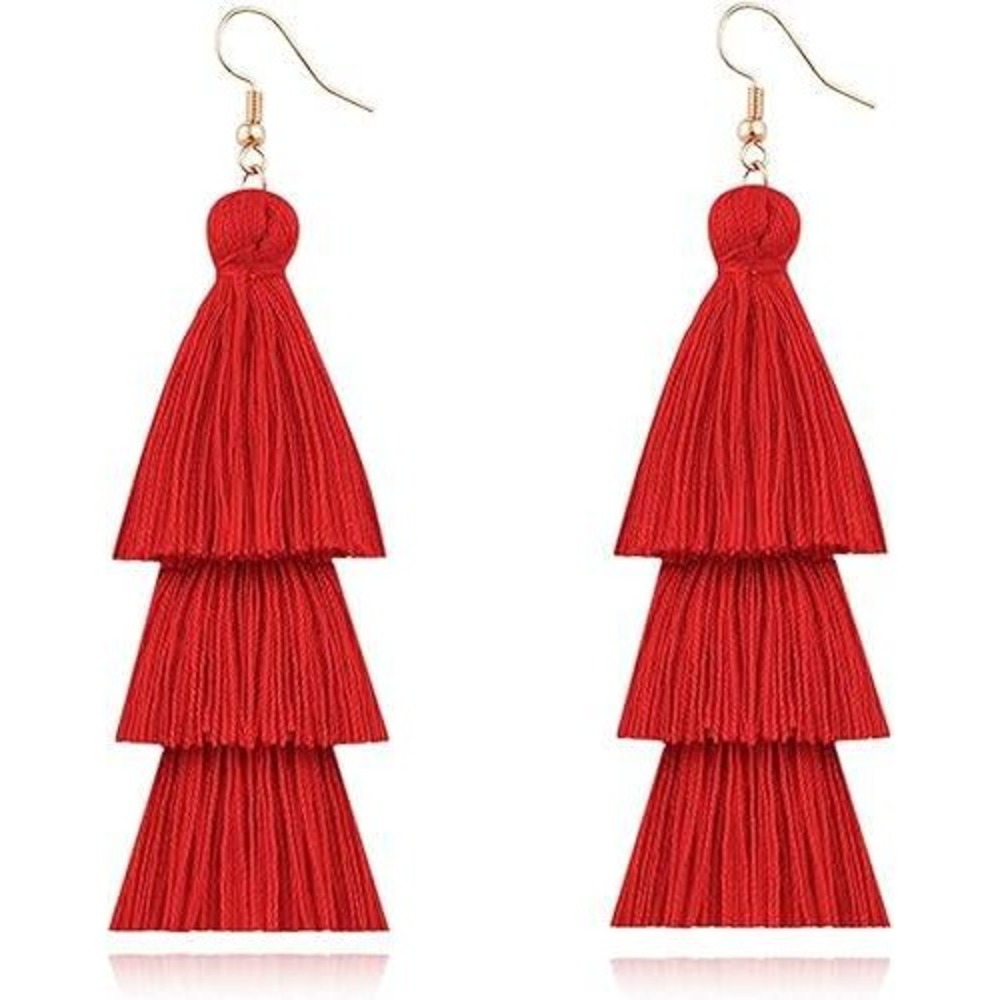 Red Tiered‎ Tassel Earrings Triple Layer Fringe Boho Statement Dangle Gold Tone